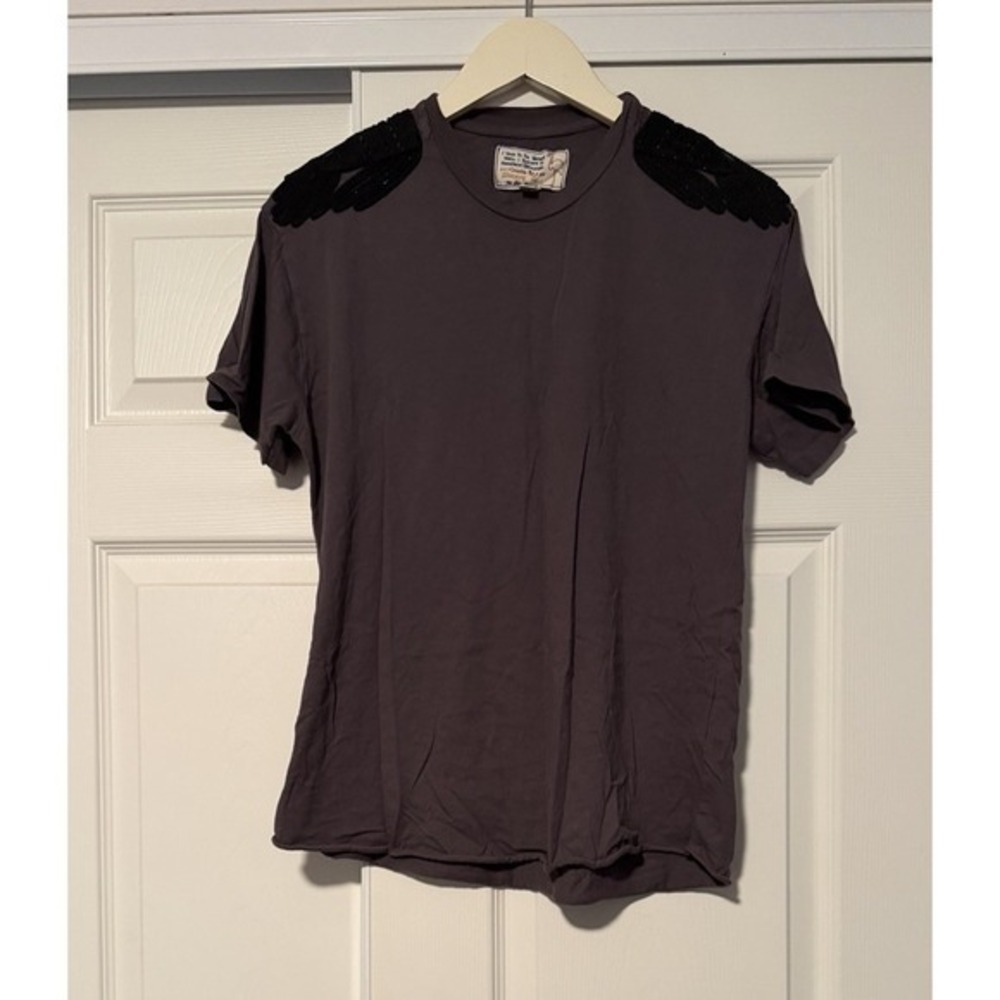 SANDRINE ROSE Women's Gray The Vintage Crew Tee Shirt Embroidered Festival